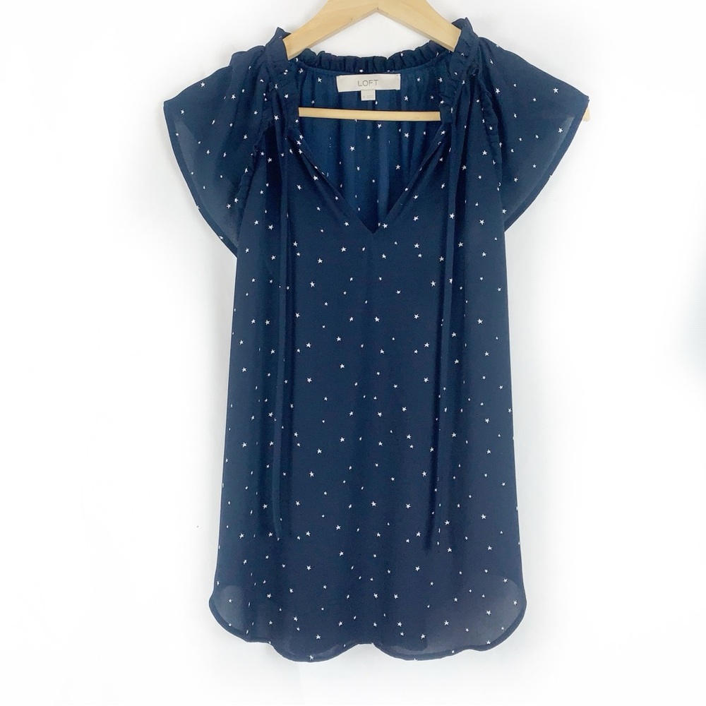 LOFT Navy Star Print Ruffle Blouse - Picture 2 of 8